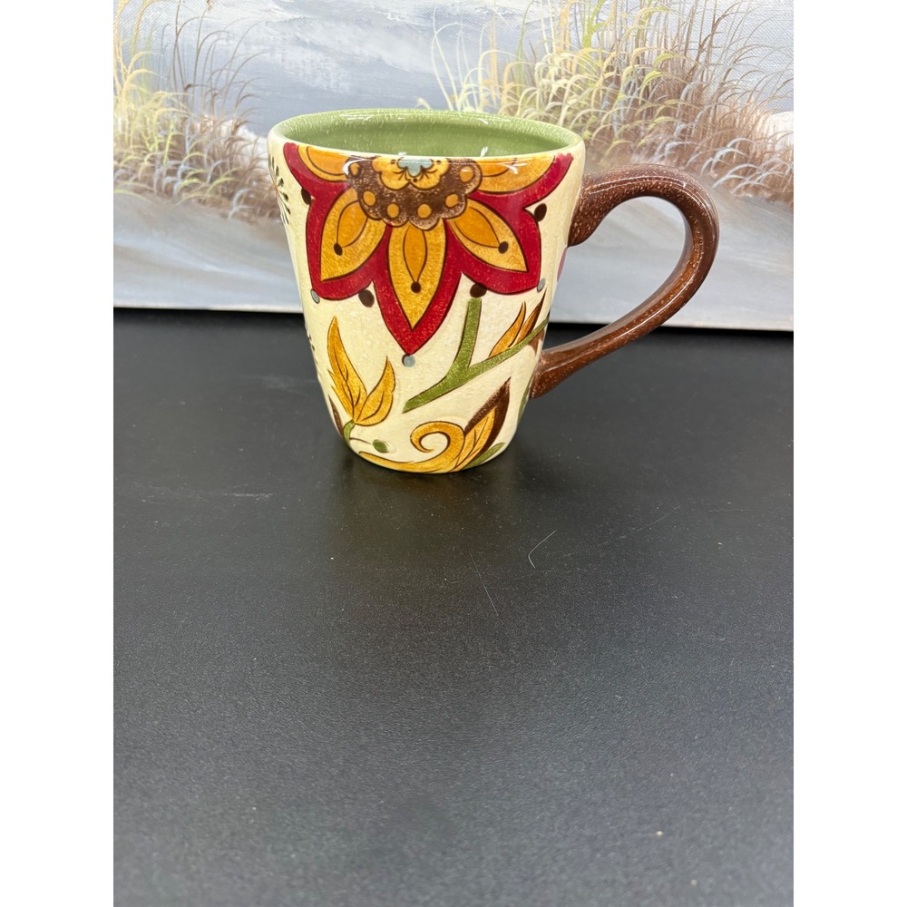 Pier 1 Imports Carynthum Earthenware Floral Coffee Mug Green Handcrafted